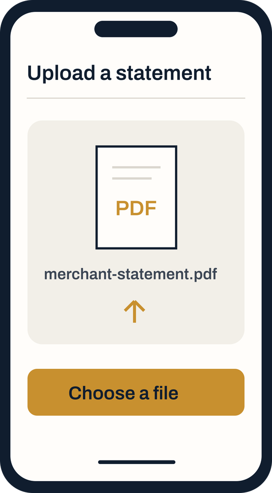 A phone showing a merchant statement PDF being uploaded