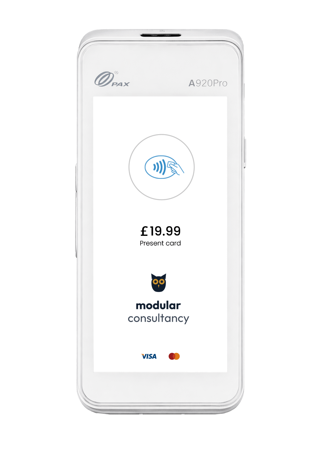 A card payment terminal with a card tapping to pay.