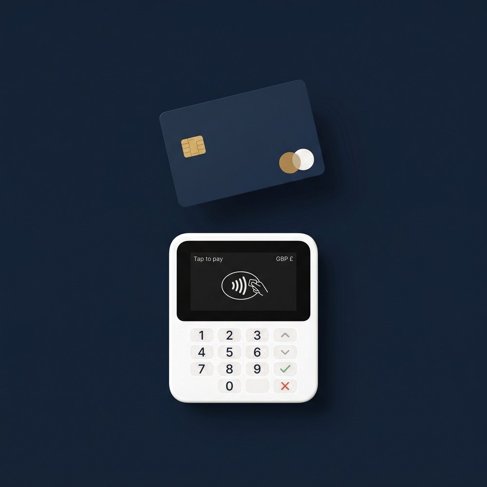 A navy bank card with a gold chip floating above a card-payment terminal reading tap to pay.