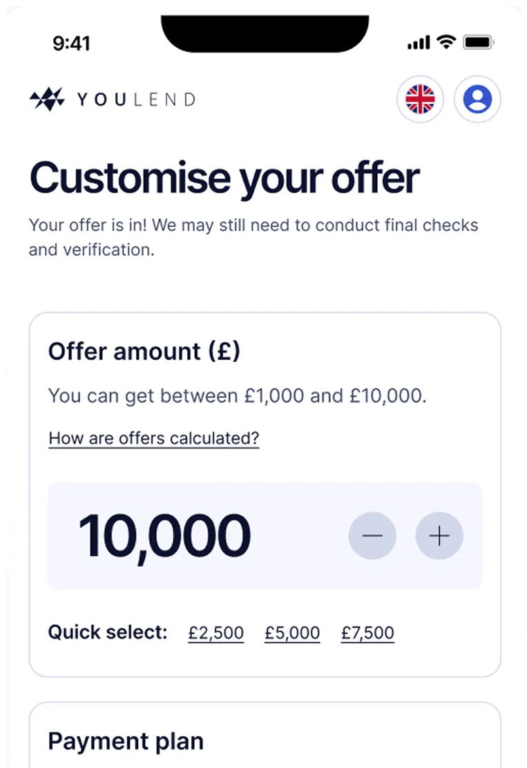 A phone showing a YouLend funding app with an offer of between one thousand and ten thousand pounds.